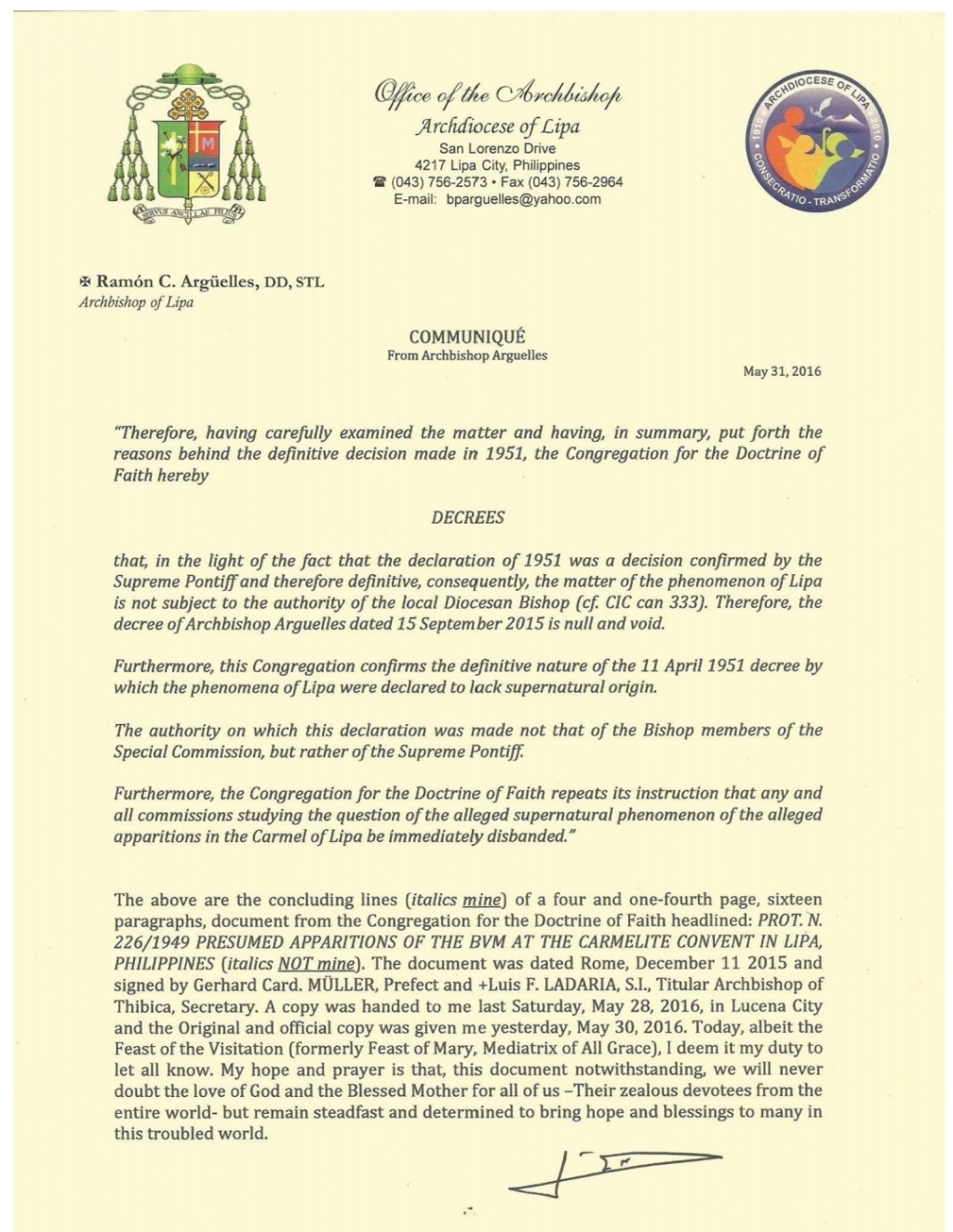 2016 Decree by Bishop Ramon Arguelles