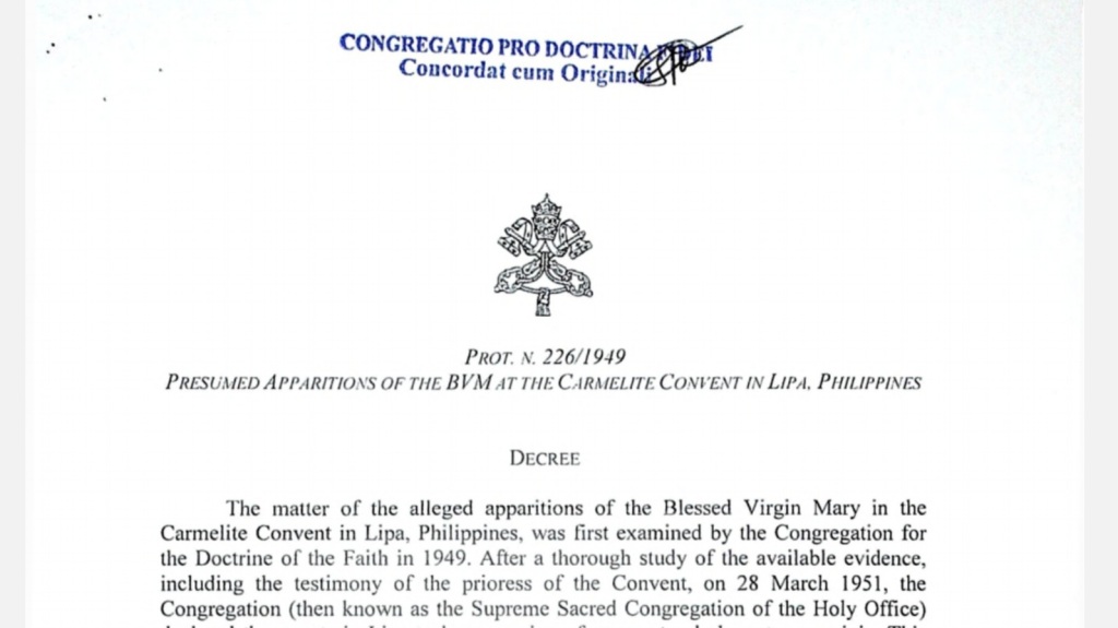 PROT. N. 226/1949PRESUMED APPARITIONS OF THE BVM AT THE CARMELITE CONVENT IN LIPA, PHILIPPINES